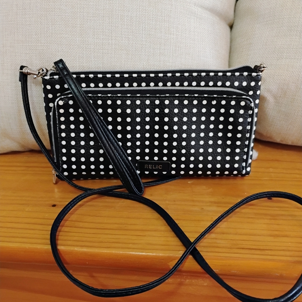 Relic Black and White Polka Dot Wristlet With Optional Crossbody Strap.